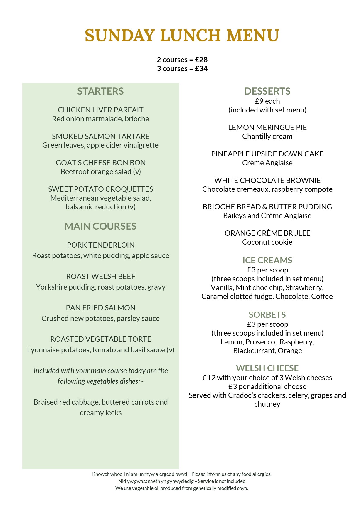 Sunday Lunch Menu The Falcondale